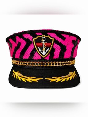Sequin Zebra Captain's Hat with Anchor Patch - Hot Pink / Black/ Neon Green